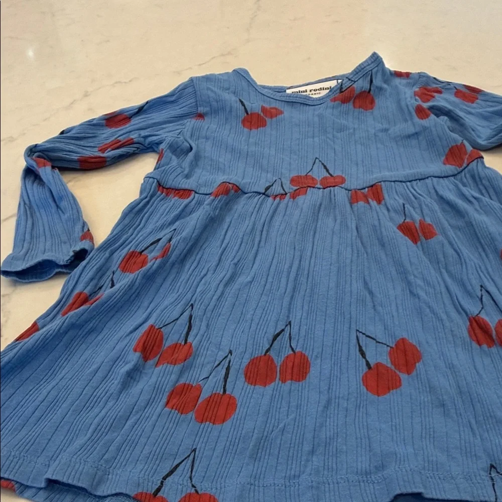 Mini Rodini Blue‎ Dress with Red Cherry Print Size 92/98
